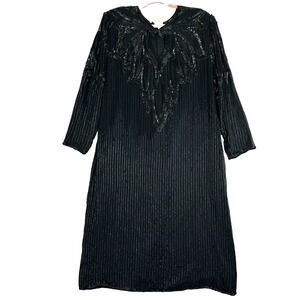 Right Choice Vintage 80's Black Beaded Pure Silk Long Sleeve Dress Sz 1X